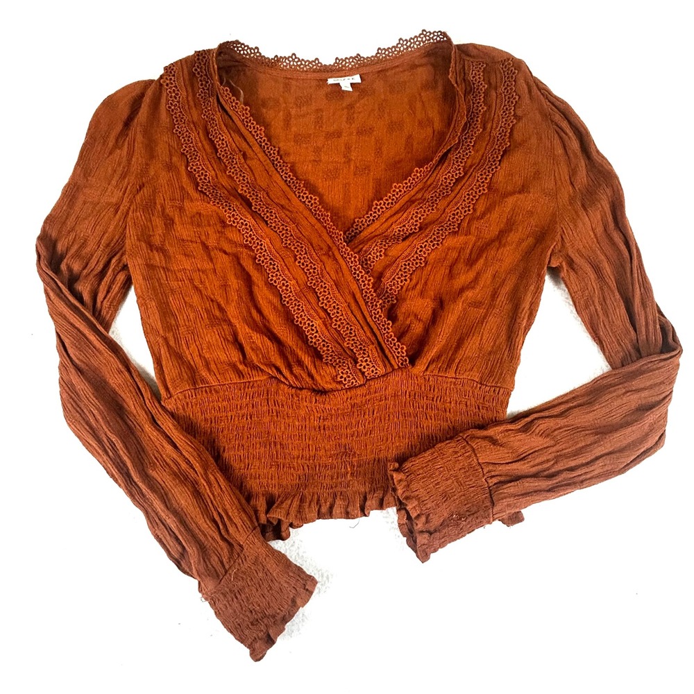 Selfie Womens Rust Orange Smocked Waist Lace Trim Surplice Blouse 09UD-APAY M